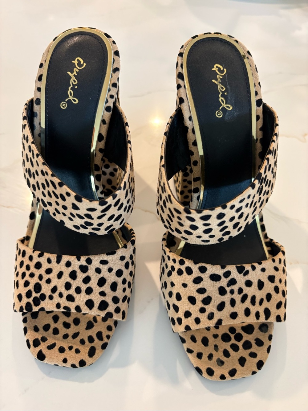 Qupid Cheetah Leopard Print Two-Band Slide Sandal - Beige/Black Slide On Mules